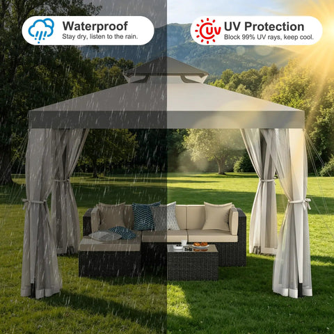 Spacious 10 By 10 Patio Gazebo With Mosquito Netting And Double Roofs Perfect For Backyard Parties And Weekend Hangouts Easy Setup Canopy Shelter For Lawn Use Gray 10x10 Outdoor Garden Shelter under rain and sun