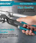 CR-V Steel Plumbing Pliers Set With Groove Joint And V-Jaw Tongue and Groove Pliers gripping a pipe, featuring ergonomic handles.