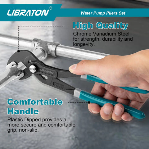 CR-V Steel Plumbing Pliers Set With Groove Joint And V-Jaw Tongue and Groove Pliers gripping a pipe, featuring ergonomic handles.