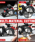 Badass Six Point Five Inch Cordless Circular Saw With Brushless Bldc Motor 1100 Watt 6200 Rpm Accepts Eighteen Volt Packs cutting wood, plastic, ceramic tile, and thin metal.
