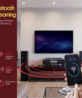 Home setup with 4 Channel Bluetooth Home Amplifier With Front Loading CD And DVD Player And 3000W Peak Power, smartphone in hand.