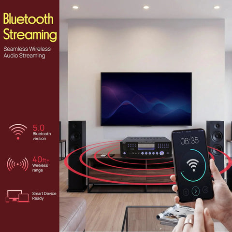 Home setup with 4 Channel Bluetooth Home Amplifier With Front Loading CD And DVD Player And 3000W Peak Power, smartphone in hand.