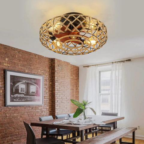 21 Inch Caged Farmhouse Ceiling Fan With Lights Remote Control in dining room with exposed brick wall and wooden furniture