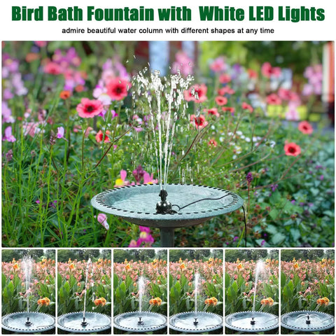 24 Hour Continuous Bird Bath Fountain Pump With Light And 7 Nozzles For Varied Spray Patterns Sixteen Foot Power Cord And Adapter Adjustable Water Pump For Garden Pond Fish Tank Outdoor White in garden setting