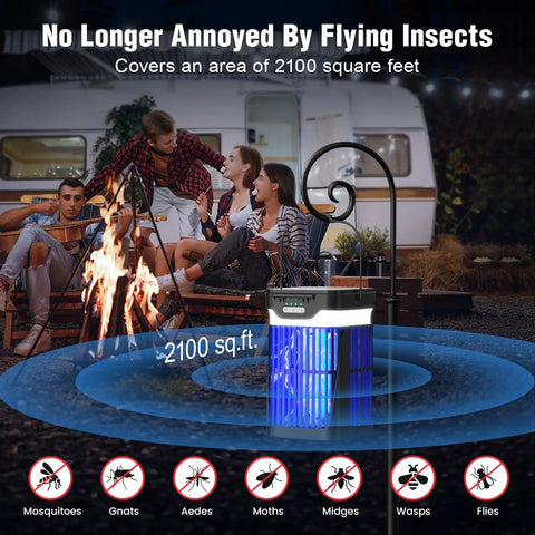 Dual Folding Solar Panel Mosquito Zapper With Auto Sensor USB Rechargeable Cordless Fly Trap 4200V Electric Bug Killer shown installed outdoors near a campfire with people.