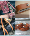 Different leather items including a strap, photo holder, bag, and engraved wristbands made with Heavy Duty M5 X 50Mm Chicago Screws And Binding Posts With Badass Grade Carbon Steel Hardware Kit.