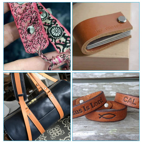 Different leather items including a strap, photo holder, bag, and engraved wristbands made with Heavy Duty M5 X 50Mm Chicago Screws And Binding Posts With Badass Grade Carbon Steel Hardware Kit.