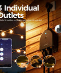 Weatherproof Outdoor Smart Plug With 2.4GHz WiFi Three Individually Controlled Sockets 15A 1875W on a wooden wall, lit bulbs