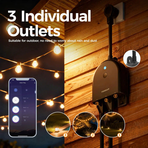 Weatherproof Outdoor Smart Plug With 2.4GHz WiFi Three Individually Controlled Sockets 15A 1875W on a wooden wall, lit bulbs