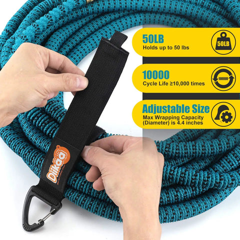 Hands using 16-inch cord organizer strap to secure blue coil; features durability and strength for 50 lbs, label visible.