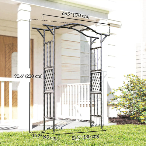 Garden Arch Trellis With Extended Top 7.5Ft Black PE Coated Steel Arbor For Climbing Plants And Vines next to a porch.