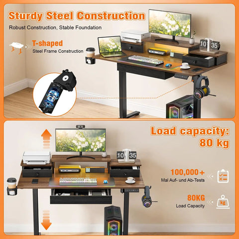 Epic Electric Height Adjustable Gaming Desk With RGB LED Lights And 10 Color Modes For Custom Setup And Power Brown Aesthetic Upgrade with sturdy steel construction and load capacity.