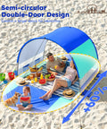 Beach Tent With Double Zippered Doors And Breathable Mesh for two to three people, semi-circular design on sandy beach