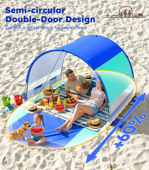 Beach Tent With Double Zippered Doors And Breathable Mesh for two to three people, semi-circular design on sandy beach