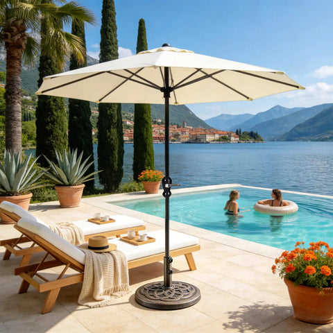 Heavy Duty 30 Lbs Patio Umbrella Base With Resin Stand near pool with mountains
