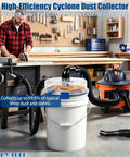 Low-Profile Cyclone Dust Separator With 2-1/2 Inch Hose High-Flow Dust Collector in workshop setup with 5-gallon bucket