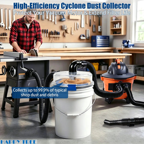 Low-Profile Cyclone Dust Separator With 2-1/2 Inch Hose High-Flow Dust Collector in workshop setup with 5-gallon bucket