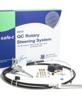 Steering Kit Quick Connect For Boats 11 Foot Single Station Safe T QC Ready Fits Up To 16 Inch Wheel And Three Quarter Inch Round Shaft Replaces Older Helms Includes SSC62 QC Or SSC61 QC II Cable Options shown with components and packaging.