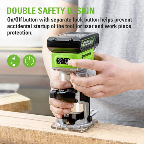 Person holding Beast Cordless 24V Brushless Compact Router with 2Ah battery and charger, focusing on double safety design features.