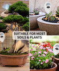 Moisture Meter For Soil And Plants With Stainless Steel Probe, Easy To Read Dial, Indoor And Outdoor Use, Ideal For Houseplants, Gardens, Farming And Lawn Care, Includes Cleaning Cloth shown in various plant pots