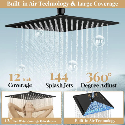 Rain Shower Head 12 Inch High Pressure Round Rainfall Shower Head Combo Pro Grade with splash jets and water coverage