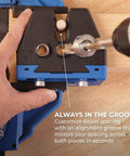 One Half Inch Dowel Jig Upgrade Kit with Hardened Steel Drill Guides for precise dowel holes and alignment pin in use on wood
