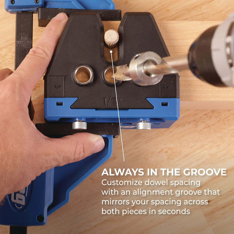 One Half Inch Dowel Jig Upgrade Kit with Hardened Steel Drill Guides for precise dowel holes and alignment pin in use on wood