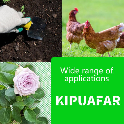 Gardening tools, chickens, and flowers highlight uses for the Heavy Duty Pet Barrier Net Fence For Cats Dogs Rabbits And Chickens.