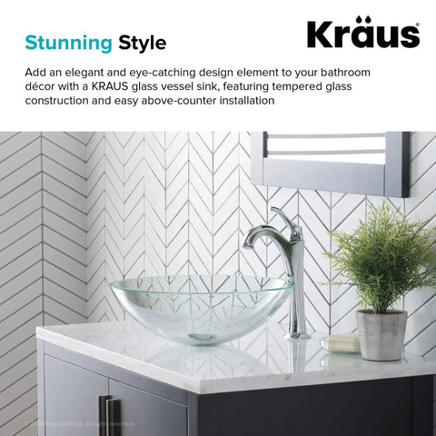 Round Clear Glass Vessel Bathroom Sink 14 Inch Above Counter For A Clean Modern Vibe with faucet setup in spa-style bathroom