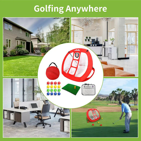 Portable Indoor Golf Chipping Net With Hitting Mat For Backyard Practice, pop-up setup and accessories for indoor and outdoor use