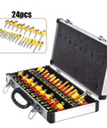 24 Piece 1/4 Inch Shank Router Bit Set Premium Carbide Cutters For Sharp Trimming Engraving Milling showing inside case with bits