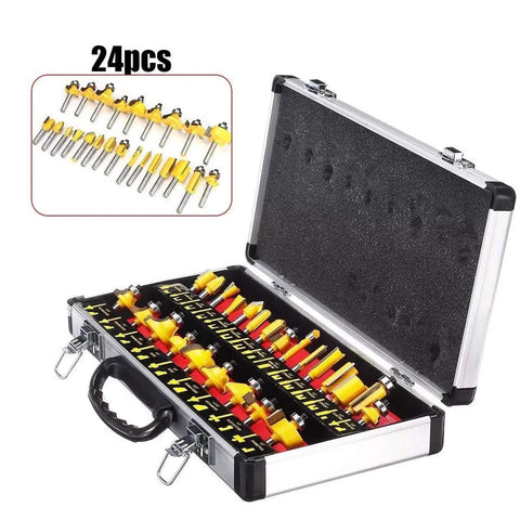 24 Piece 1/4 Inch Shank Router Bit Set Premium Carbide Cutters For Sharp Trimming Engraving Milling showing inside case with bits