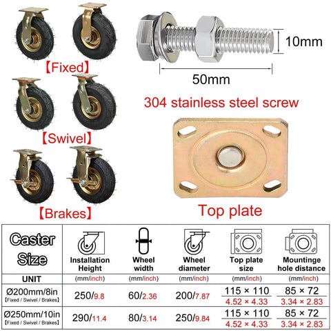 Heavy Duty Rubber Casters Pair With Eight And Ten Inch Swivel Options For Serious Outdoor Hauling showing fixed, swivel casters, and stainless steel screw.