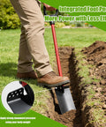 Person using Beefy Heavy Duty Trench Shovel For Digging And Planting With Narrow 12 Inch Spade And 47 Inch Handle Including An Edging Cutting Blade D Handle And Foot Pedal For Deep Penetration Trenching Scraping And Border Work In The Garden