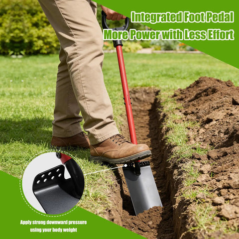 Person using Beefy Heavy Duty Trench Shovel For Digging And Planting With Narrow 12 Inch Spade And 47 Inch Handle Including An Edging Cutting Blade D Handle And Foot Pedal For Deep Penetration Trenching Scraping And Border Work In The Garden