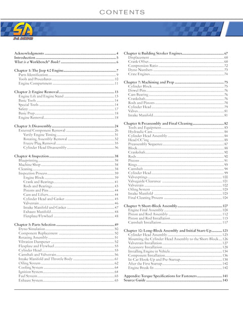 Contents page for 4.0L Inline Six Engine Rebuild And Modification Guide With Illustrated Step By Step How To For DIY Gearheads And Off Road Fans With Practical Diagrams And Tips For Beginners And Pros Alike.
