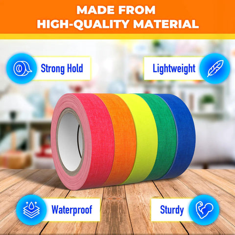 Glow In The Dark Tape Kit Sixteen Point Four Feet Per Roll Five Pack Neon Gaffer Tape Fluorescent Duct Tape For Parties Raves DIY Decor And Costumes Five Neon Colors Great For Stage Props And Craft Projects And Themed Parties Party Ready with high-quality material