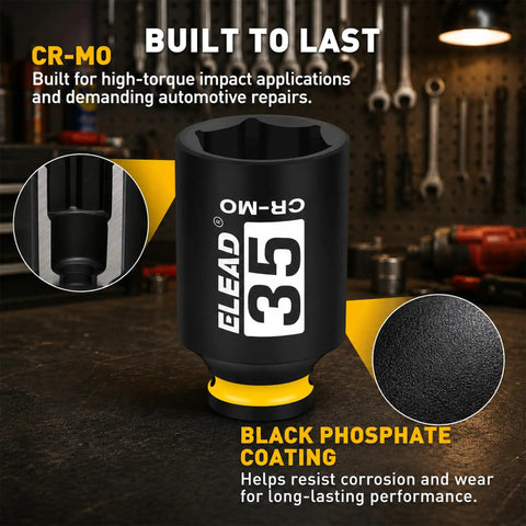 Heavy Duty Thirty Five Millimeter Deep Impact Socket With One Half Inch Drive For Axle Nut Removal Six Point Chrome Moly Steel Black Phosphate Finish Oil Filter Socket Set Built For Auto Repair Workhorse For Tough Jobs, close-up showing black phosphate coating and CR-MO marking.