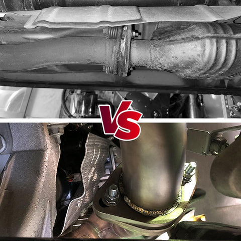 Comparison of old rusted exhaust with new Exhaust Flange Repair Piping Kit 2.5 Inch ID To 2.5 Inch OD With Gasket And Bolt