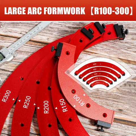 No Sweat Five Piece Round Corner Radius Template Set Tough Aluminum Alloy Router Jig For Quick Woodworking Arc Angle Positioning and Snappy Edge Layout, large arc forms R100 to R300.