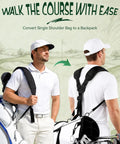 Premium Swivel Golf Bag Strap Replacement transforms single carry into dual shoulder backpack system on a man.