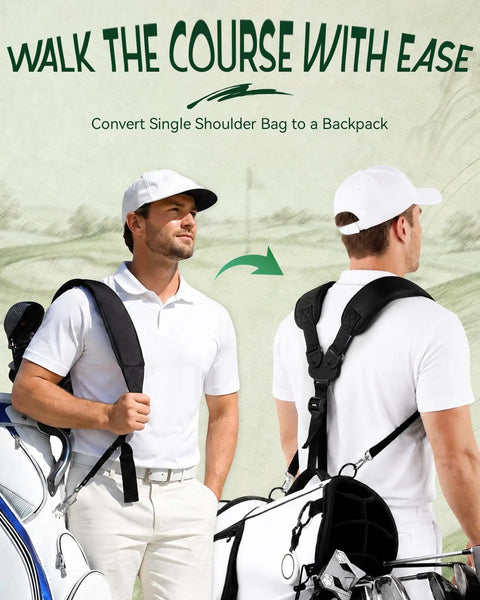Premium Swivel Golf Bag Strap Replacement transforms single carry into dual shoulder backpack system on a man.
