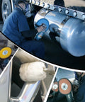 8 Inch S Shape Airway Buffing Wheel Kit for metal polishing on semi truck parts, showcasing 16 layer aluminum wheels in use
