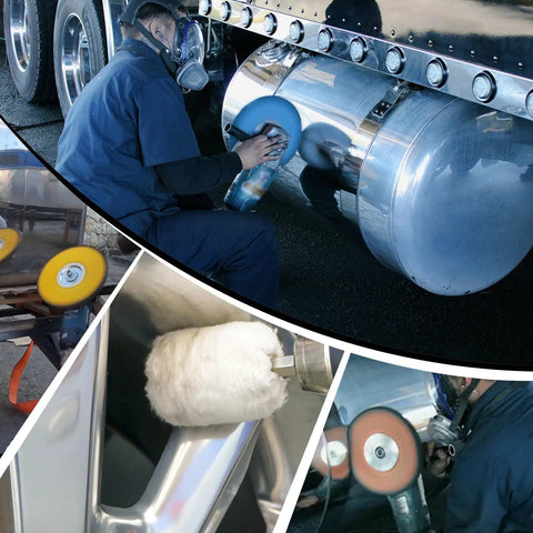 8 Inch S Shape Airway Buffing Wheel Kit for metal polishing on semi truck parts, showcasing 16 layer aluminum wheels in use