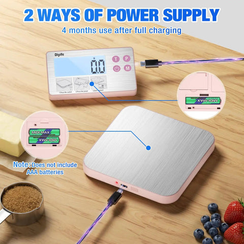 33lb Battery Powered Kitchen Scale With Detachable Display, 304 Stainless Steel Food Scale, 1g/0.1oz Precision, Tilt Stand, Pink