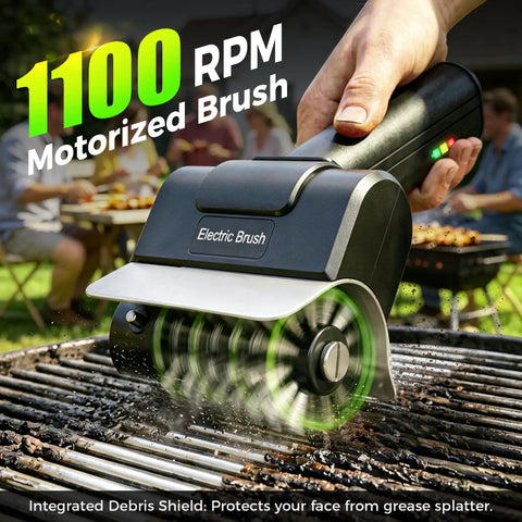Cordless USB Rechargeable Grill Brush For Grillin On The Go With High Speed 1100 RPM Motor in use on barbecue grill grate