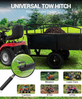 Beefy 750 Lbs Capacity ATV Dump Cart With Quick Release Dump attached to lawn tractor, showcasing universal tow hitch on grass.