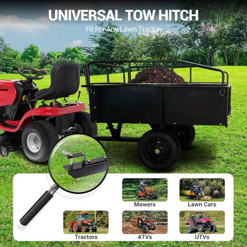 Beefy 750 Lbs Capacity ATV Dump Cart With Quick Release Dump attached to lawn tractor, showcasing universal tow hitch on grass.