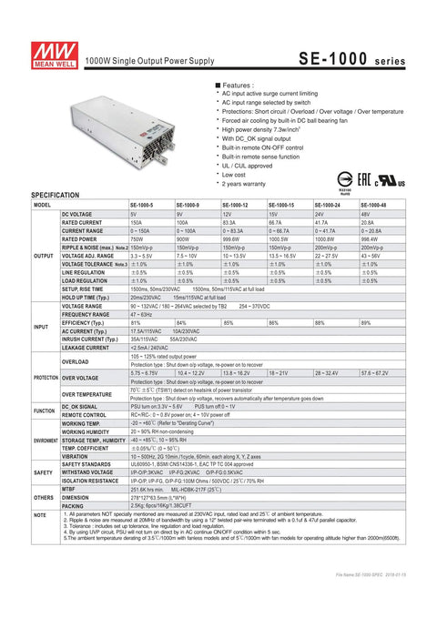 Enclosed SE-1000-15 Power Supply 1000W 15V 66.7A Single Output Switching PSU For Industrial Use AC Input Selectable Built In DC Fan Cooling Remote Sense Burn In Tested 2 Year Warranty spec sheet