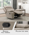 41 Inch Wide Manual Recliner Chair With Top Grain Leather Match in living room, showing pull handle and pillow-top arms in Latte color.
